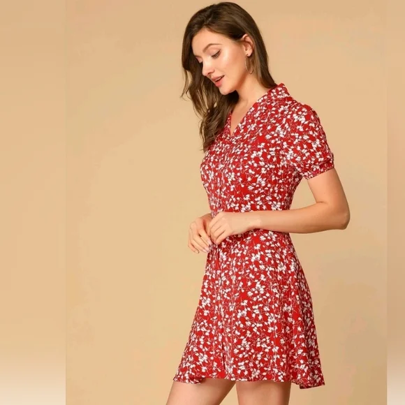 Allegra K Women's Button Up Short Sleeve A-Line Chiffon Vintage Floral Shirt Dre - Picture 3 of 9